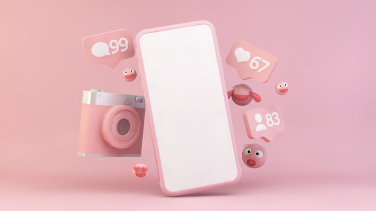 smartphone instagram na różowym tle