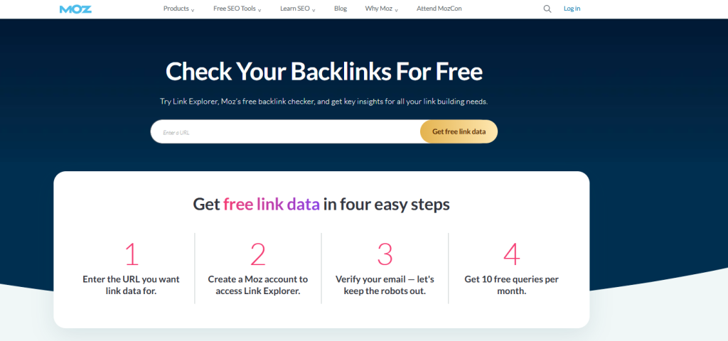 Strona główna Moz Link Explorer umożliwiająca analizę backlinków oraz metryk Domain Authority i Page Authority.