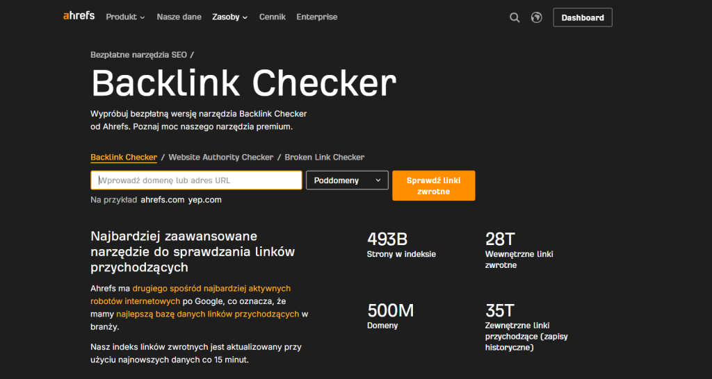 Strona główna Ahrefs Backlink Checker umożliwiająca analizę profilu backlinków dowolnej domeny.