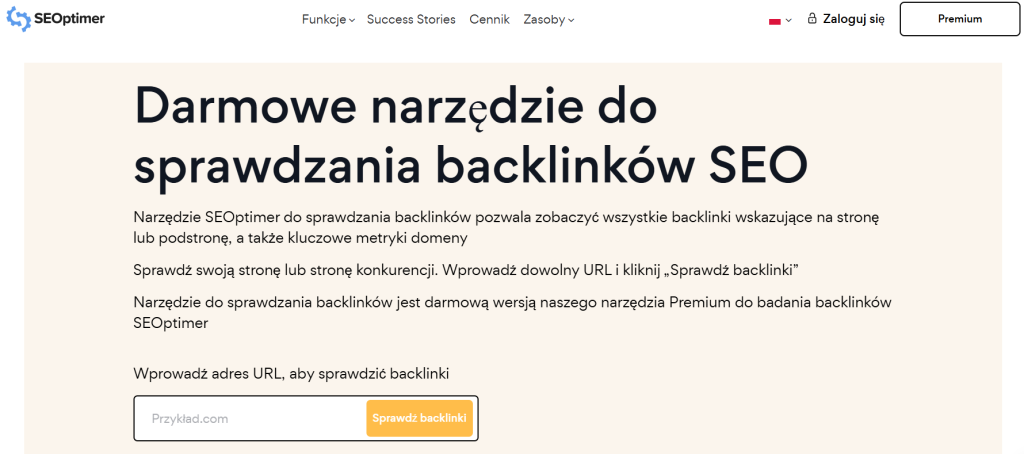Strona główna SEOptimer Backlink Checker umożliwiająca analizę backlinków dla domeny lub adresu URL