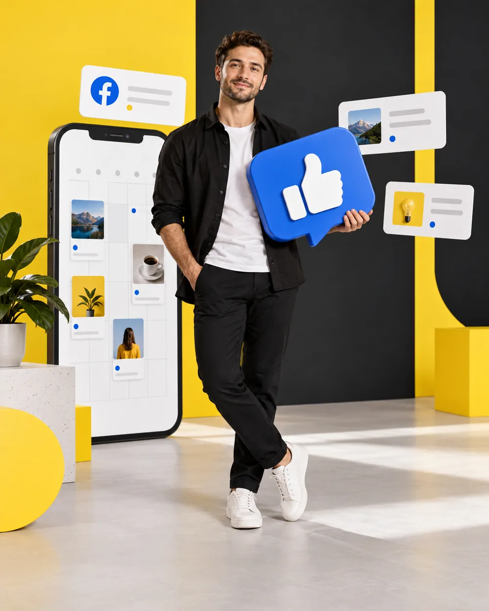 Specjalista planujący prowadzenie Facebooka dla firmy z kalendarzem treści i ikoną polubienia