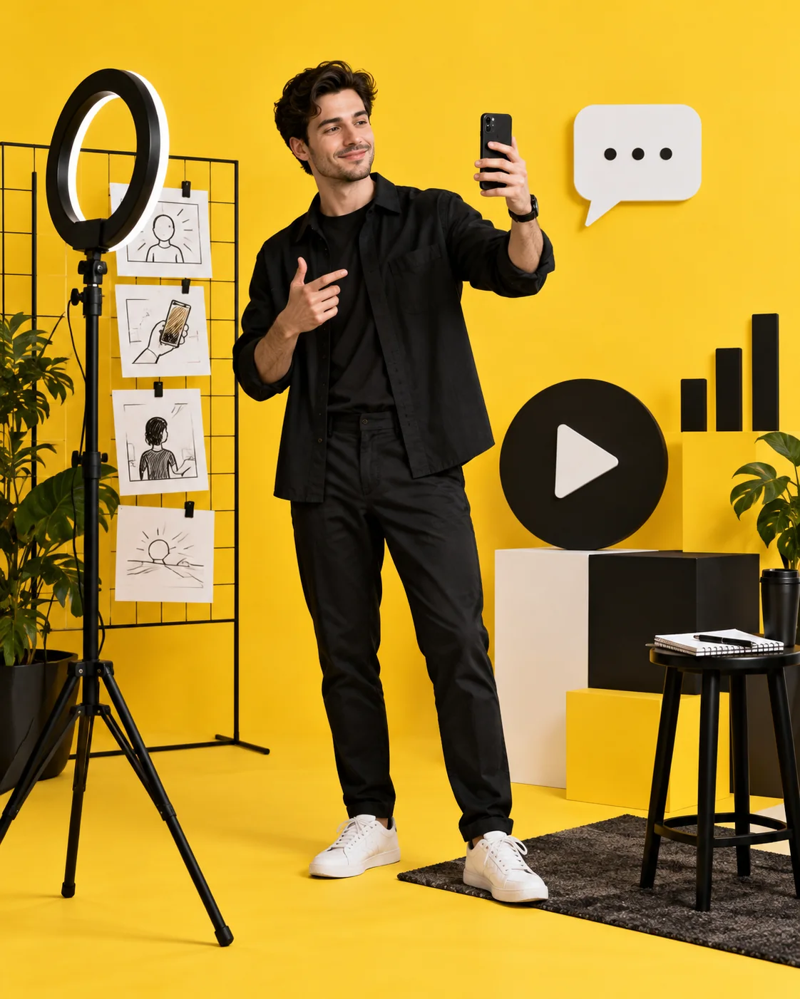 Twórca przygotowujący krótkie wideo telefonem w studiu utrzymanym w żółto-czarnej kolorystyce