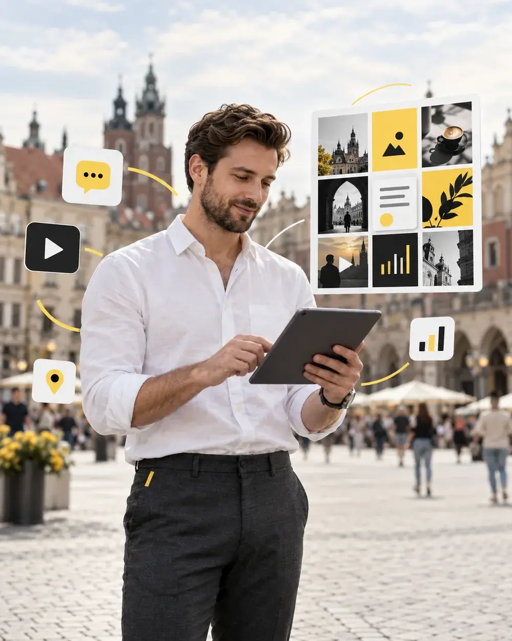Specjalista social media z tabletem w żółto-czarnej aranżacji inspirowanej Krakowem